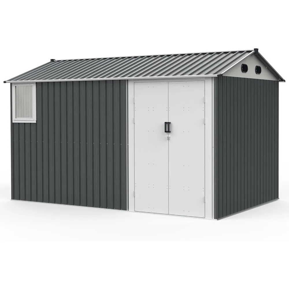 8x12 Ft Metal Outdoor Storage Shed with Window, Floor Base, Air Vents and Double Hinged Door,supported by reinforced metal beams