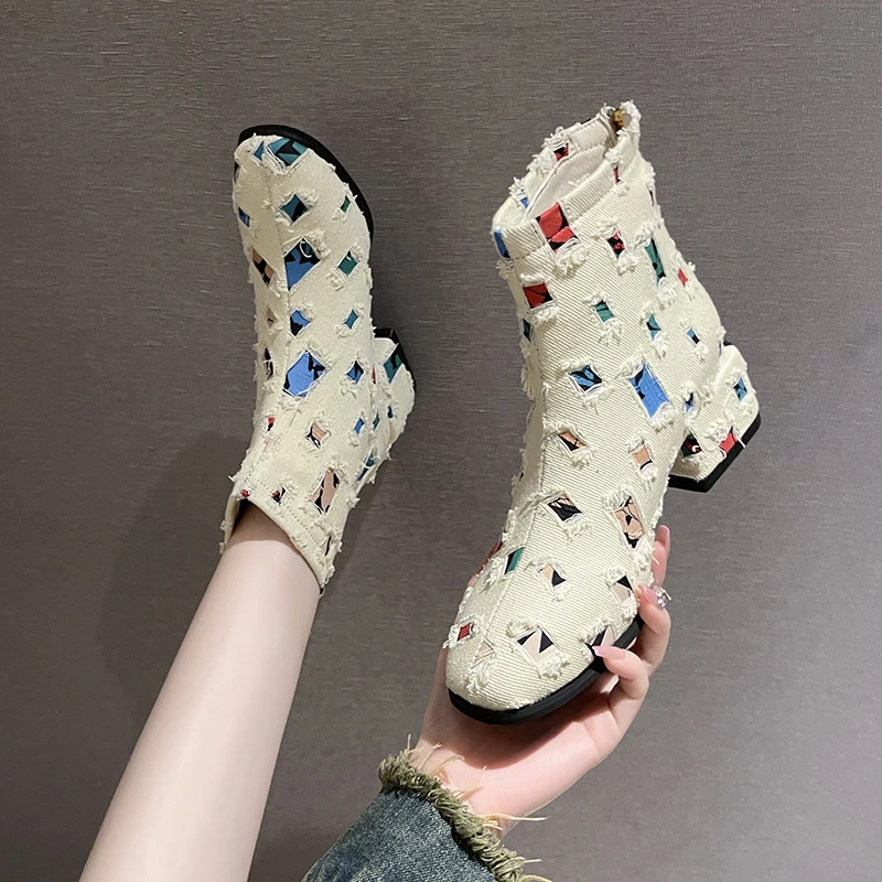 Women Ankle Boots Denim Blue High Heels Shoes Autumn 2026 Trend Designer Chelsea Boots Chunky Pumps Walking Dress Zapatos Mujer
