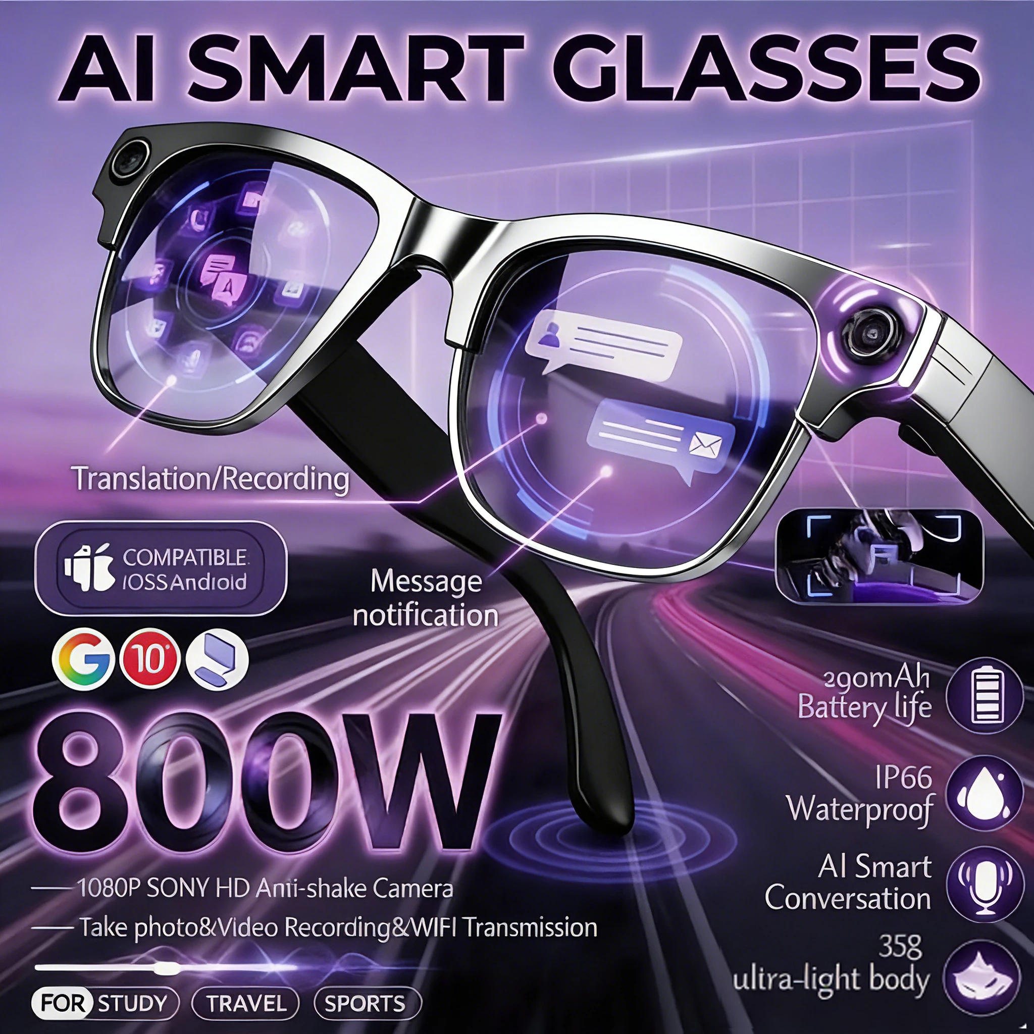 

Новые умные очки 2026 года с ИИ-камерой, распознаванием фото, Bluetooth-звонками, переводом, записью видео и голосовым управлением для мужчин