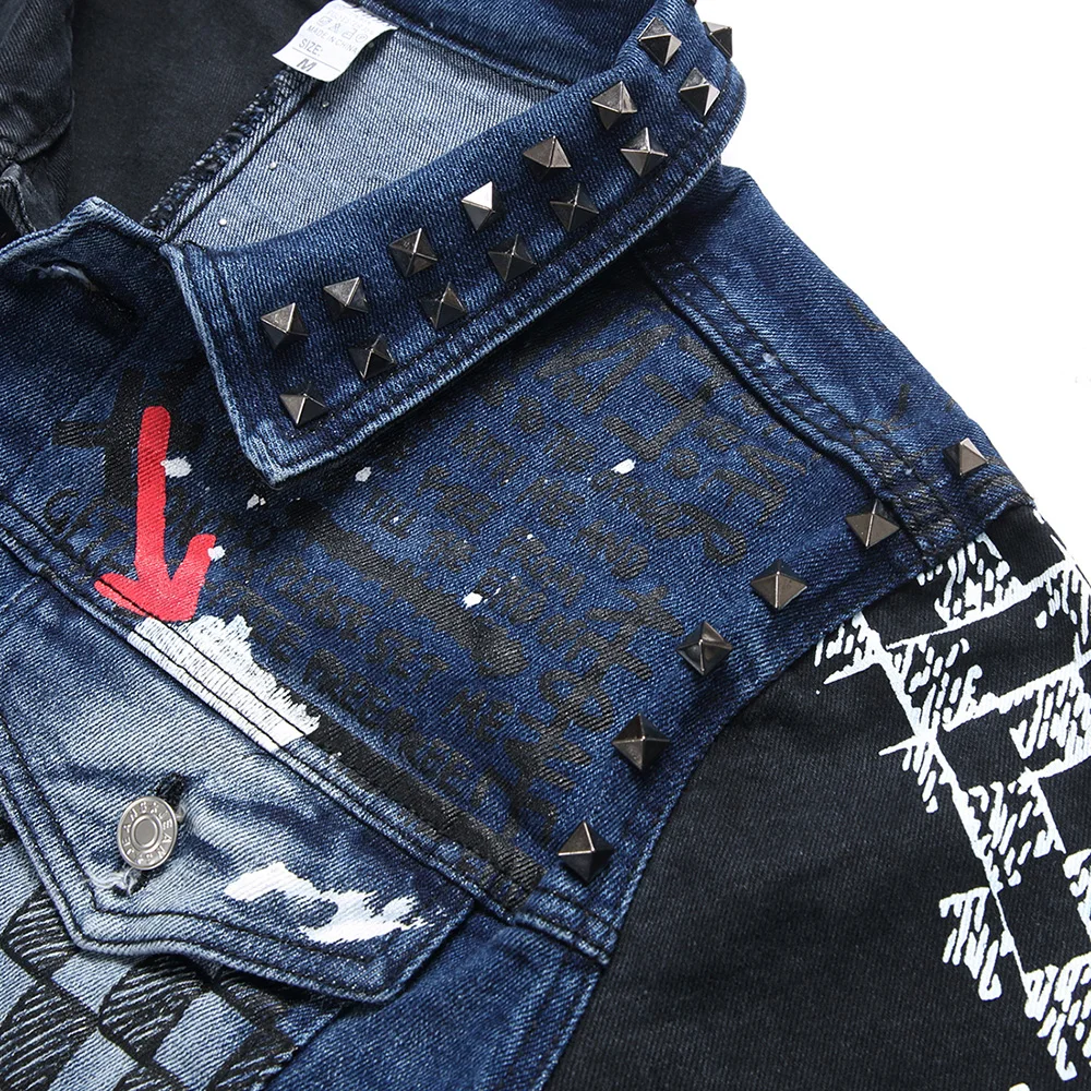 Men Punk Rivet Check Print Denim Jacket Holes Ripped Plaid Patches Patchwork Jean Coat Painted Blue Black Spliced Outerwear