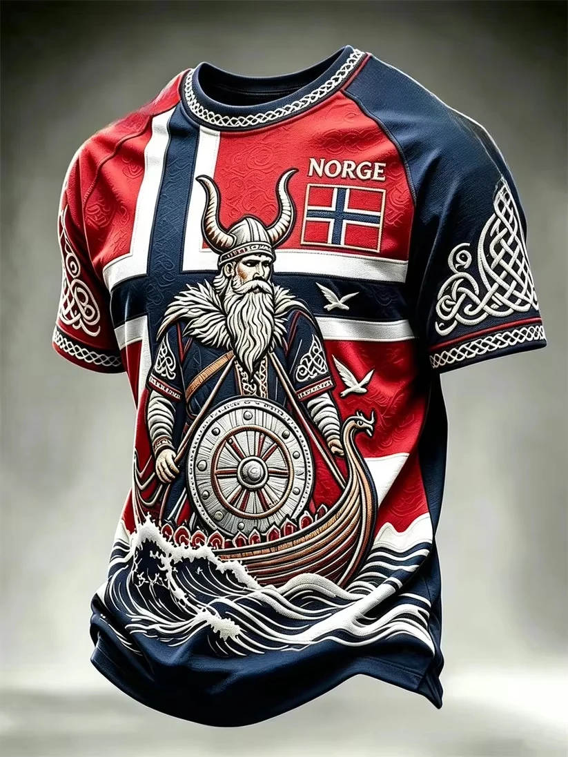 2027 Summer Men's Retro Danish Viking Style 3D Printed Embroidery Breathable Quick-Drying Sporty T-Shirt Family Style Shirt