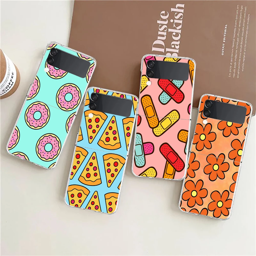 Cute Pizza Macaroon Art Clear Phone Case For Samsung Galaxy Z Flip 3 4 5 Hard Folding PC Shell For Samsung Z Flip3 Back Cover