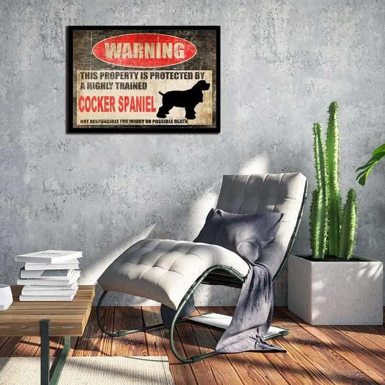 Tin Sign Beware Dog Tag Fence Cocker Spaniel Sign This Property is Protected Funny Metal Tin Sign Home Kitchen Bar Room