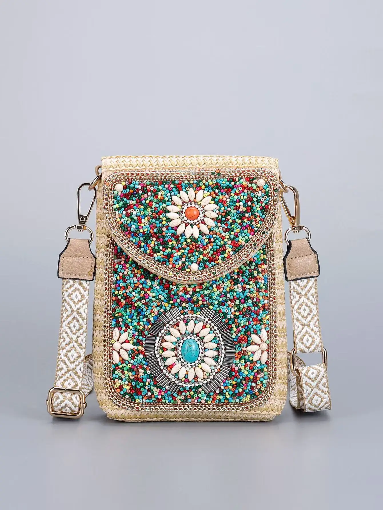 

Pattern of Mila bead flowers Handmade straw weaving Bohemian Straw Crossbody Bag for Women