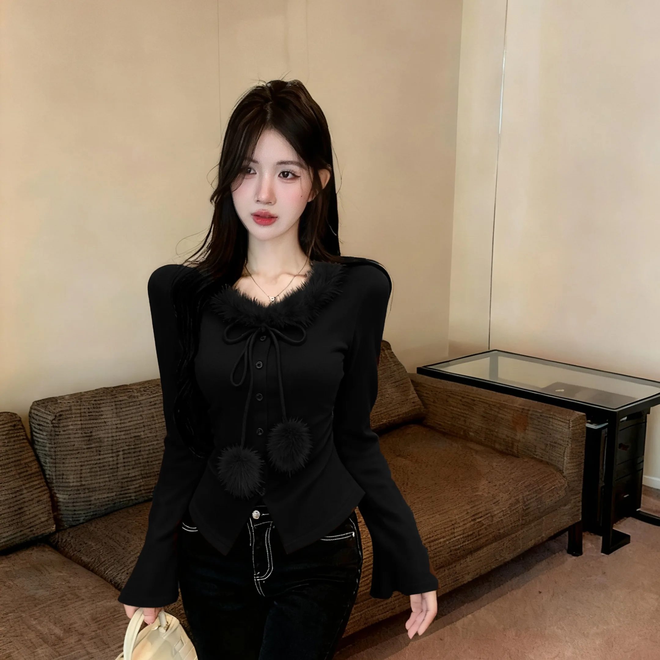 Modny kołnierz z futra, ozdobny sznur, podstawa z kulką, odzież wierzchnia, zimowy, nowy, elegancki, damski, modny T-shirt, codzienny, jednolity kolor.