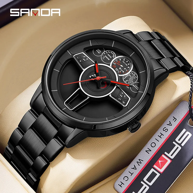 SANDA 1139 Men Quartz Watches Steer Wheel Design Leisure Creative Unique Business Stainless Steel Strap Wrist Watches for Male