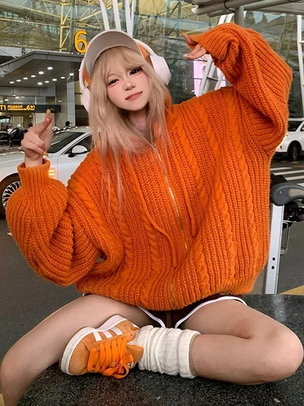 

American Lazy Style Dopaamine Color Block Hoodie Knitted Sweater Men Women Autumn Heavy Three Needle Linen Open Cardigan