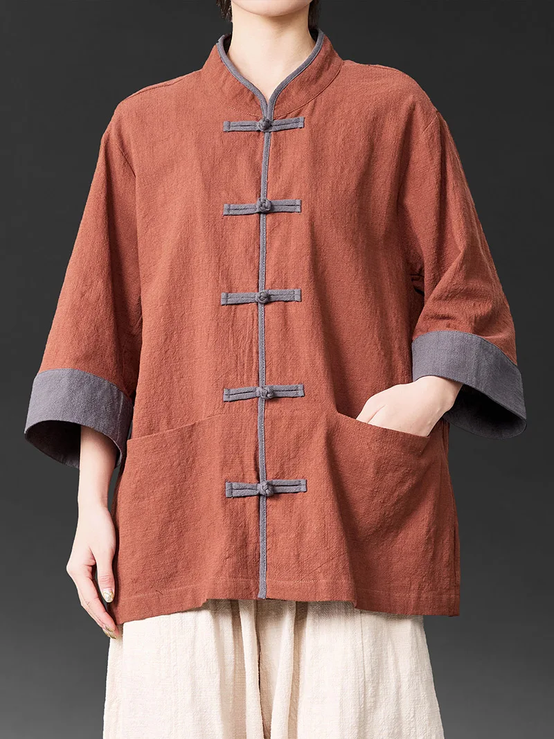Chinese Style Thin Color Block Tang Suit Shirt Men Women 3/4 Sleeve Frog Button Casual Tea Shirt Traditional Top Blouse