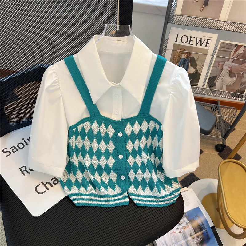Shirts for Women 2024 Sweet Graphic T Crop Tops Spring Pink Fake Two-piece Short Sleeved Knit Sweater Ropa Mujer Y2k Tee