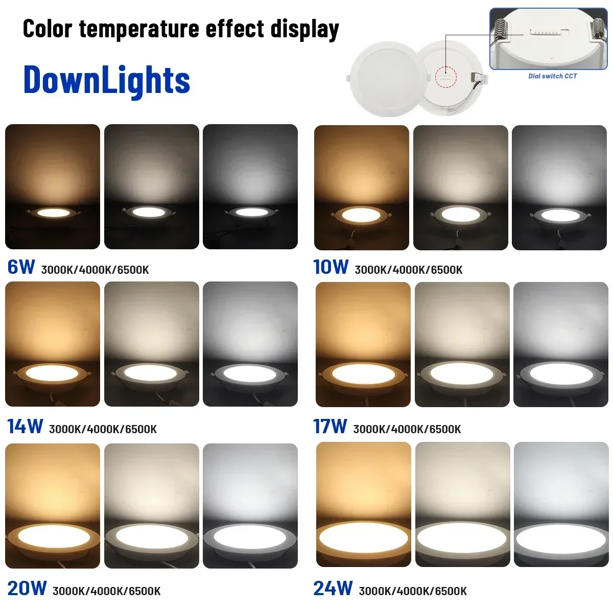 4pcs Dial Swich CCT Recessed LED Spot Llight  Downlight 3 Color Adjusted AC100-240V 3000K/4000K/6500K Ceiling Indoor Lighting