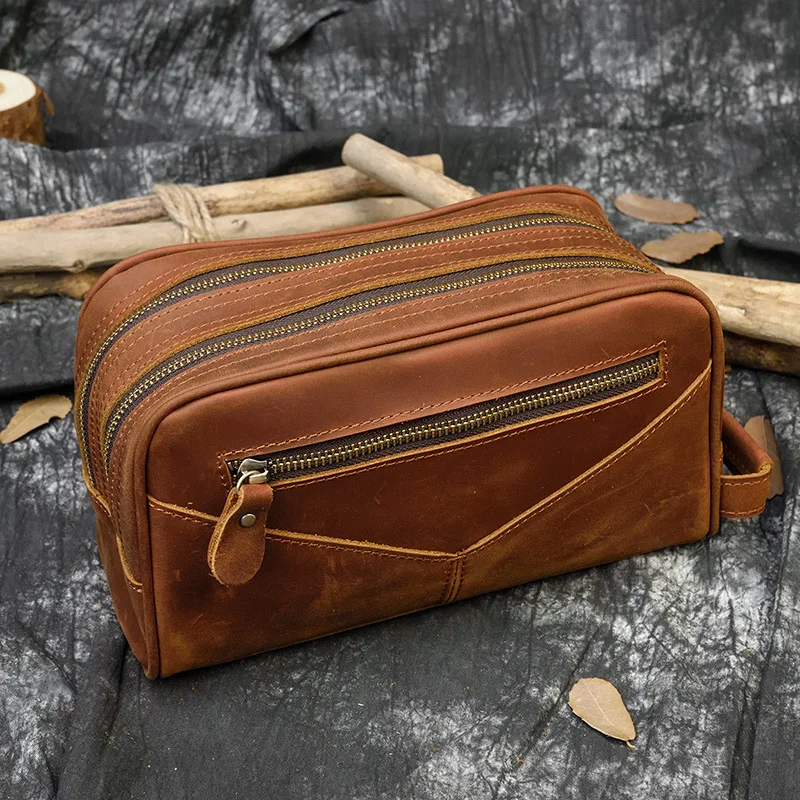 Genuine leather retro men's clutch, crazy horse leather multi-functional washbasin storage, multi-pocket women's makeup bag