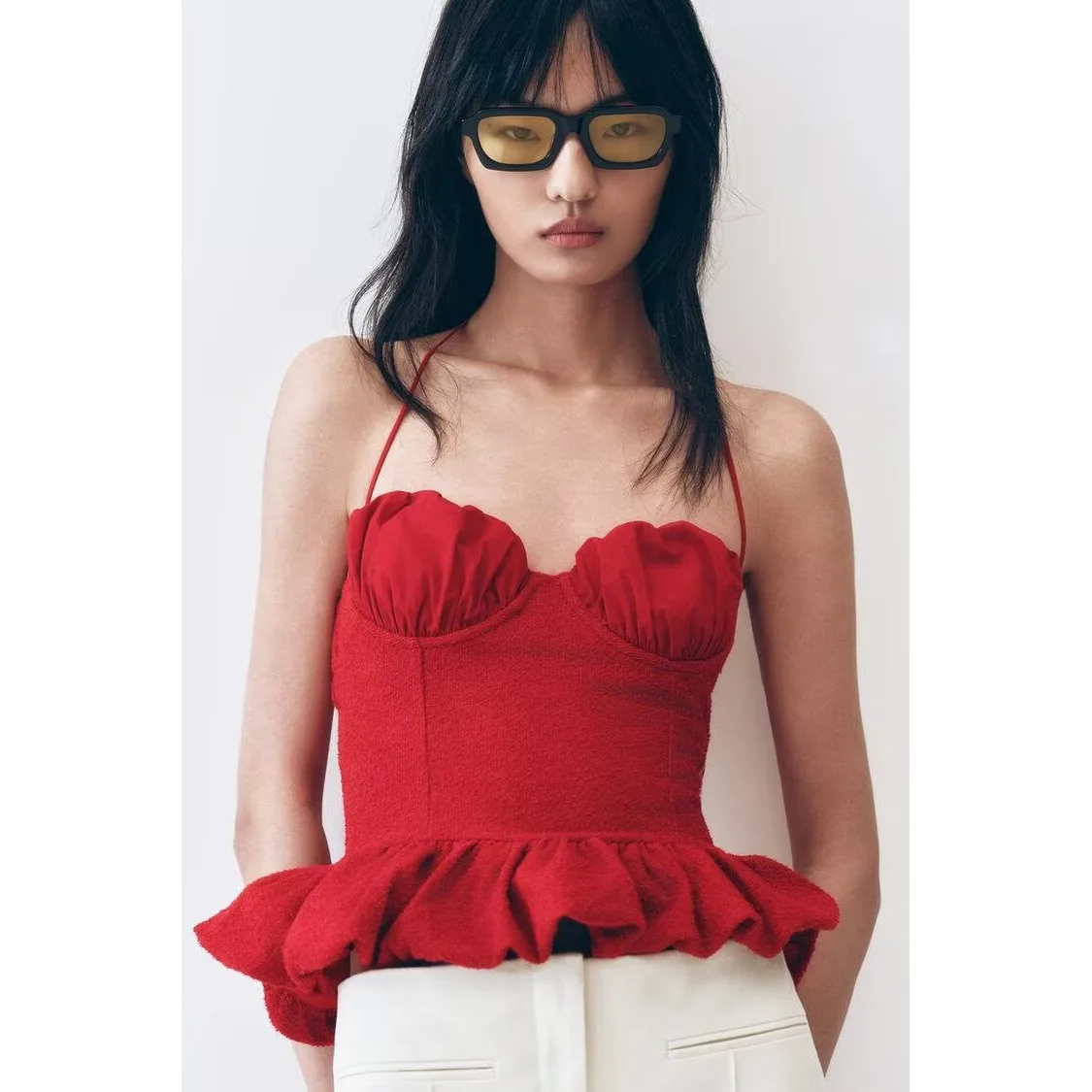 Sexy Splice Pearl Woolen Top Women's Fashion Vacation Style ZR Trend Short Length Polyester Fiber Chicken Heart Collar Vest