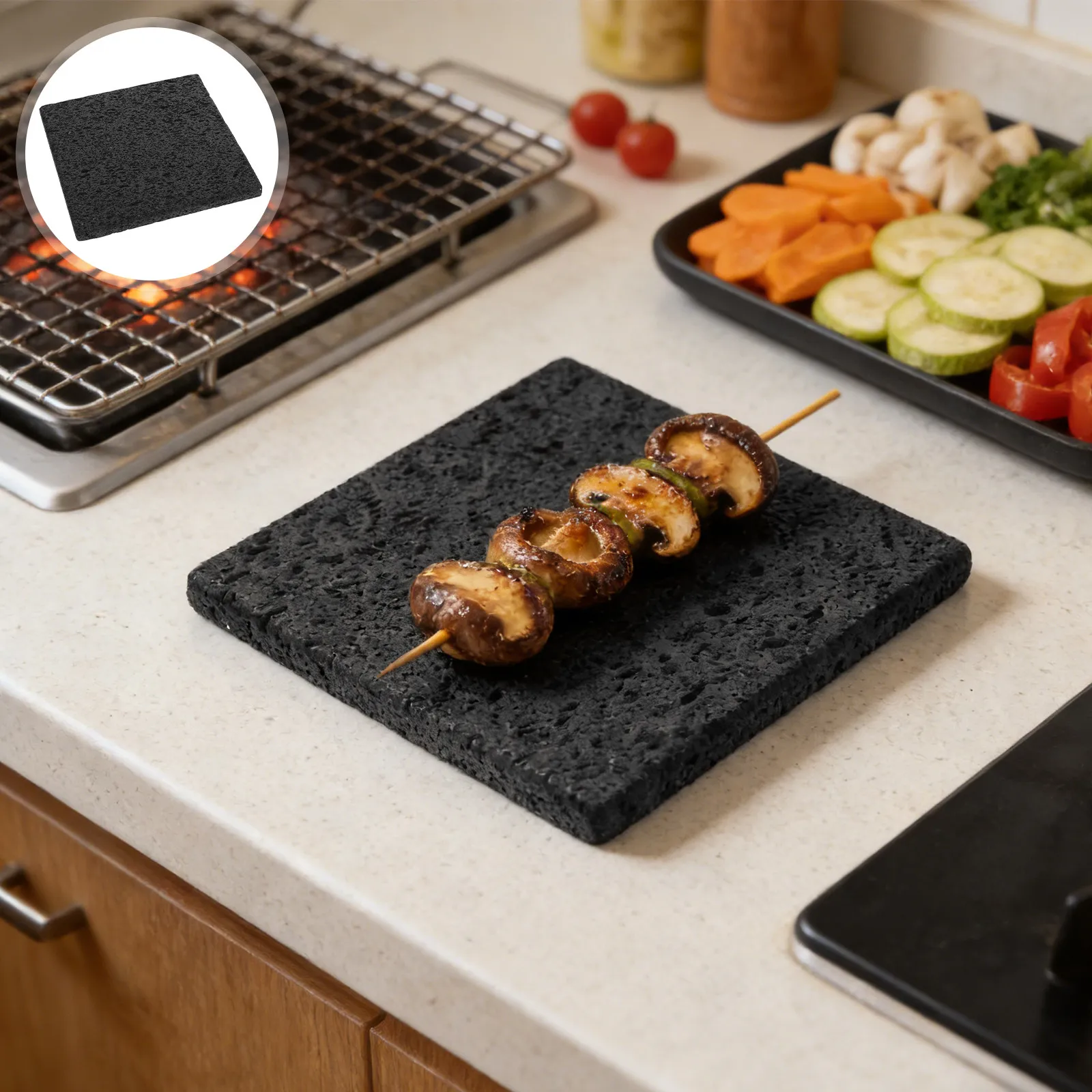 Plancha de Piedra Volcánica para Barbacoa Coreana, 7.9x7.9x0.6 Pulgadas, Piedra de Lava Natural para Cocinar en Parrilla de Gas, para Carne, Mariscos y Verduras