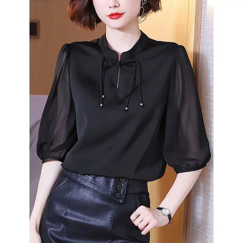Vintage Lacing Half Sleeve Blouse Women Clothing Summer New Plus Size All-match Solid Loose Elegant Shirt Tops Fashion Casual