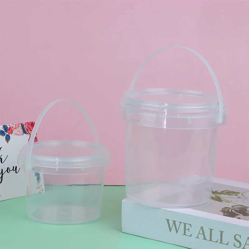 1Pc 500/1000ML Transparent Plastic Bucket with Lid and handle Food Storage Container Refillable Milk Tea Bucket