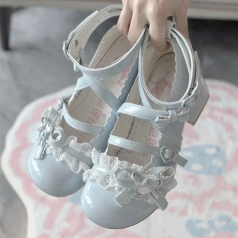 2026 Nowe buty Lolita z kokardą w kształcie motyla, eleganckie damskie buty Mary Jane z okrągłym noskiem i grubym obcasem, modne damskie czółenka do sukienki