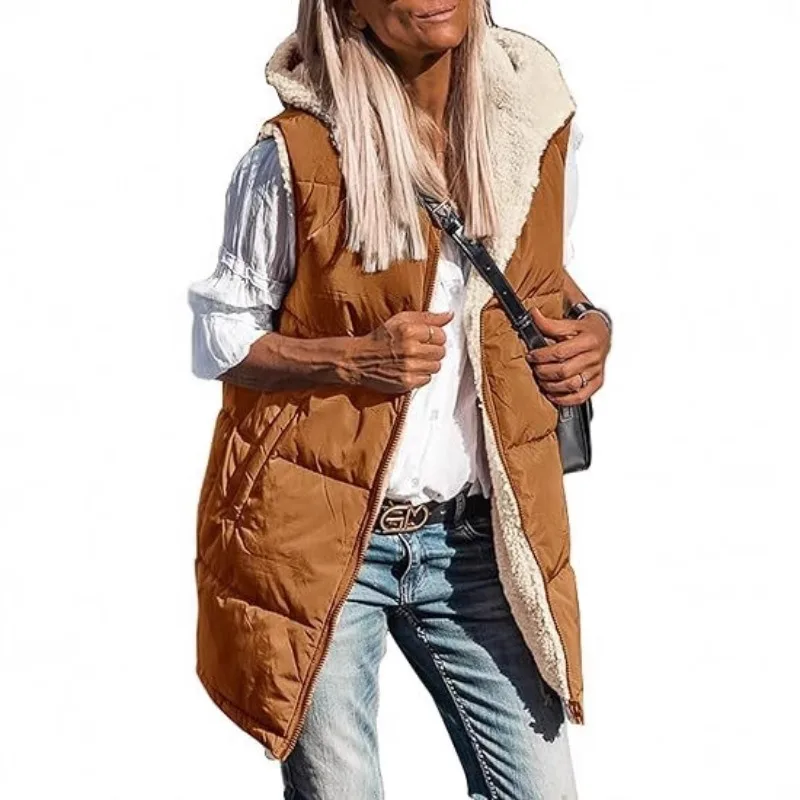 

Women's Clothing Solid Warm Hooded Cotton Coat Vest Reversible Slim Elegant Cardigan Outerwear Vest Winter Clothes Women