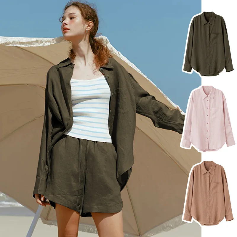 

Vintage Linen Shirt Women Lapel Single-breasted Long-sleeved Casual Sun-protective Cardigan Top High Street Fashion Chic Blouse