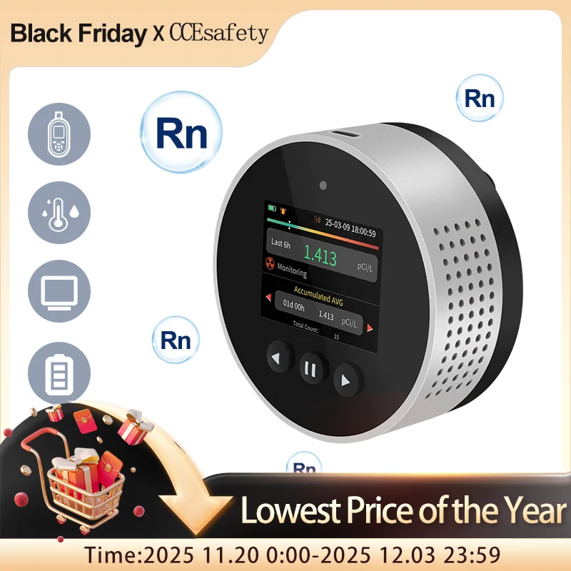 كاشف الراديون 3.3Bq-37kBq/m3 (0.09-1000 pCi/L) 2000mAh Type-C بطاريات قابلة للشحن شاشة الكريستال السائل تخزين البيانات للمكتب المنزلي