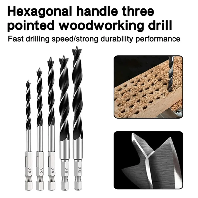 AB66-Woodworking Hole Expanding Power Drill Tool Accessory Set 5Pcs Hexagonal Handle Three Pointed 4-10Mm