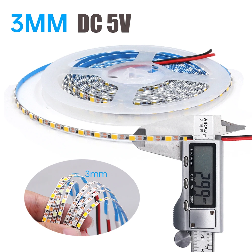 

DC 5V LED Strip 120Leds/M Narrow PCB Width 3MM SMD 2835 3000K 4000K 6000K Flexible Ribbon Tape Rope Advertising Light