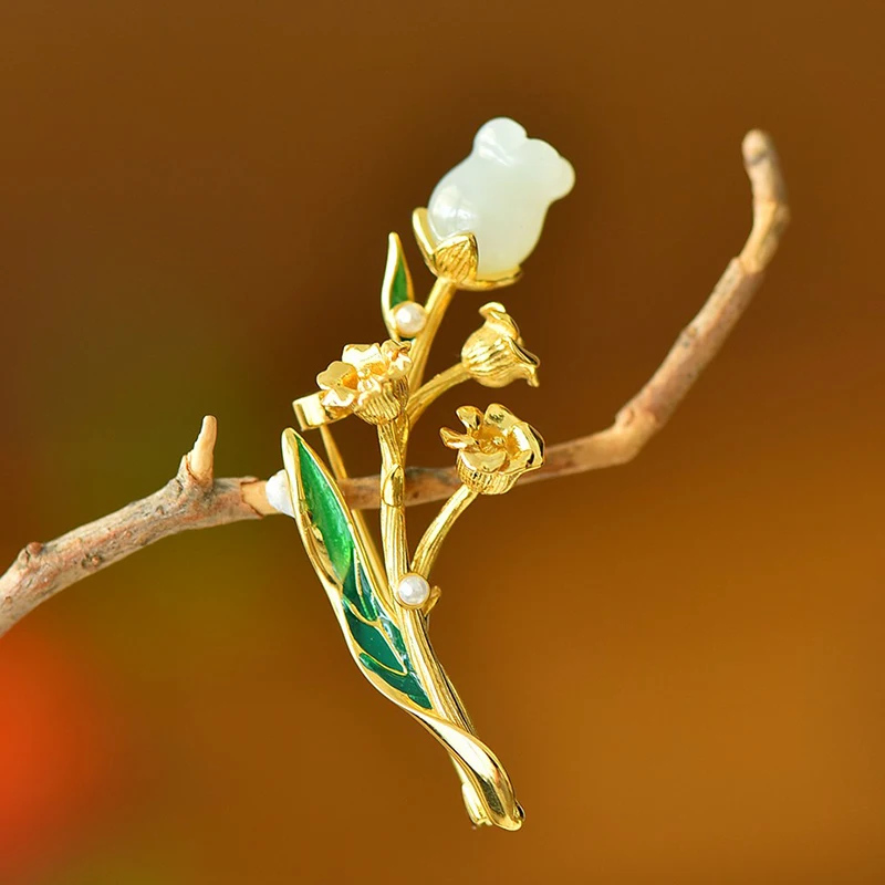 

Lily of The Valley 925 Silver Hetian Jade Brooch, Vintage Gold-Plated Floral Pin, Classic Chinese Style Silver Jewelry