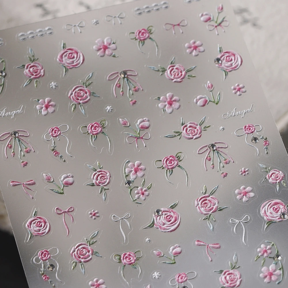 귀여운 버튼 사랑 하트 네일 아트 스티커 사과 배꽃잎 리본 나비 스윗 5D 셀프 접착 매니큐어 데칼 DIY