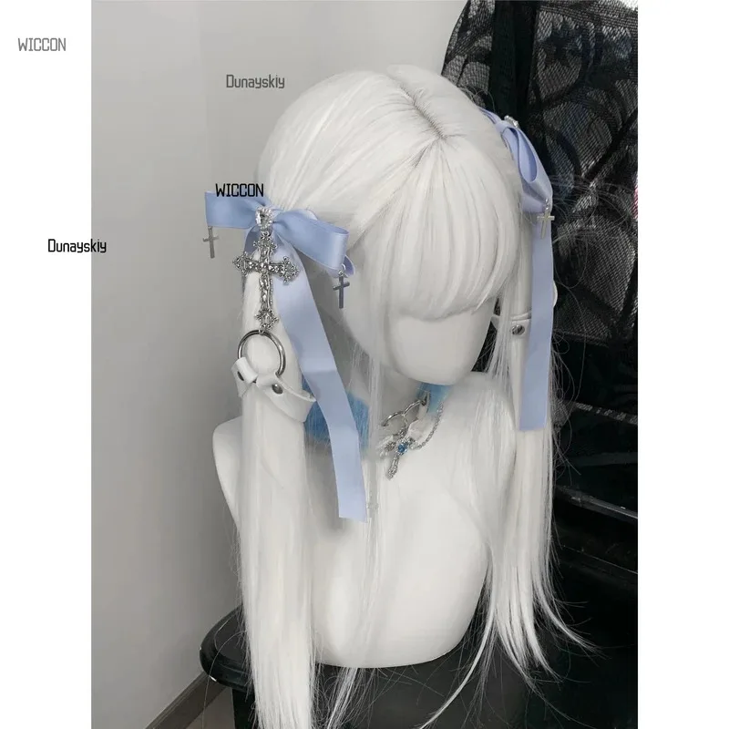 Gothic Lolita Twin-Tail Hair Clips  Dark Casual Dangerous Type Subculture Black Ribbon Cross Hairpins Japanese Street Halloween