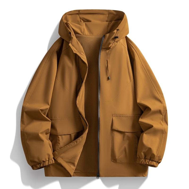 Unisex Wasserdichte Kapuzenjacke mit Verstellbarer Kapuze, Elastischen Manschetten, Cargo-Taschen, Lockerer Wander- und Outdoor-Mantel – Detail 3