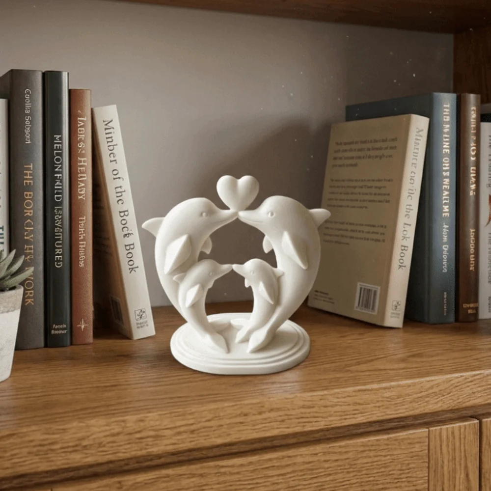 Heart-shape 3D Printed Dolphin Statue Cartoon Smooth Curved Dolphin Family Sculpture Plastic Dolphin Desktop Ornament Office