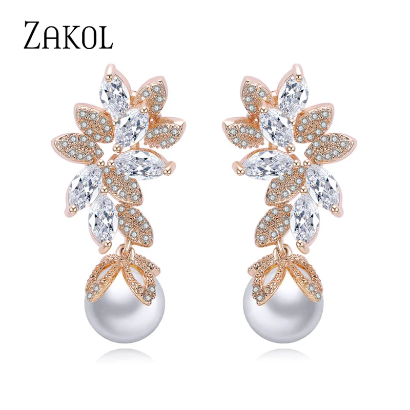 ZAKOL Fashion Rose Gold Color Pearls Drop Earings For Women Exquisite Zircon Leaf Female Wedding Jewelry