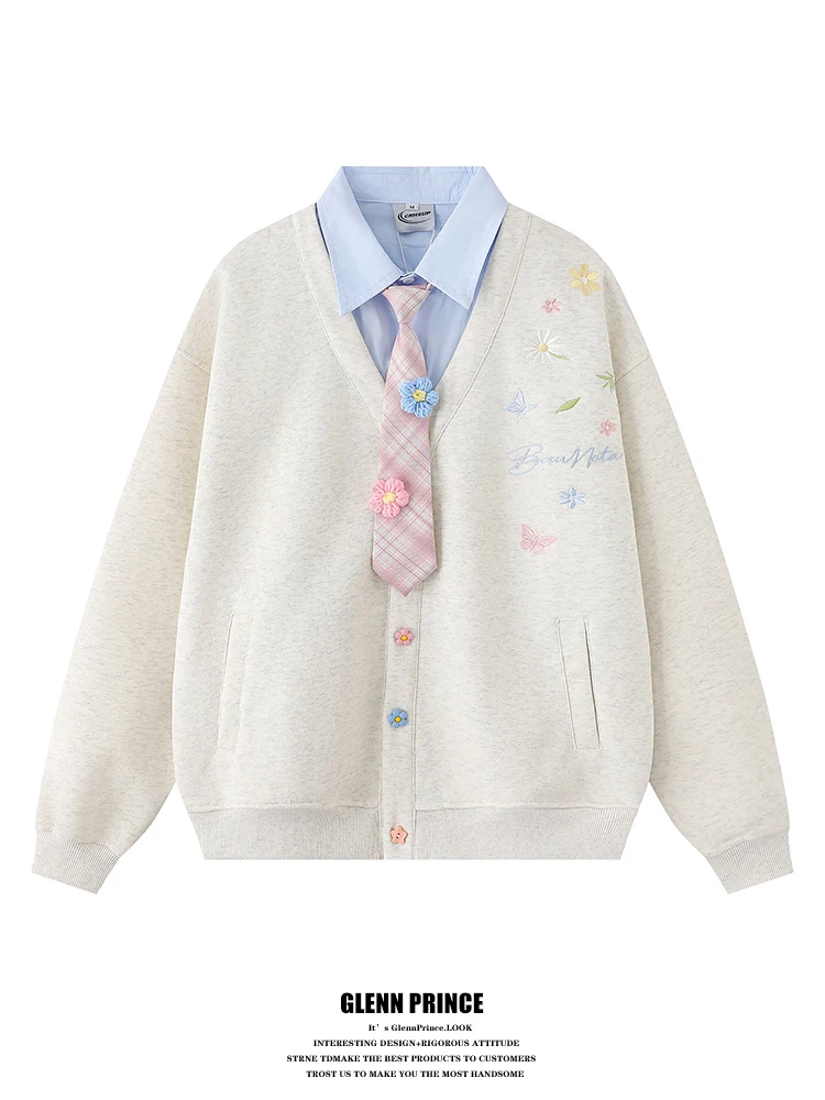 

GPstudio College Sle Fun Flower Embroidery Tie Sweatirt Men Student Fake Two-Piece Loose Design Sense Outerwear