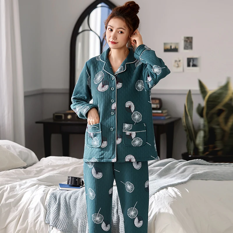 Women laminated air cotton pajamas floral pattern warm pyjamas female thin quilted suit long sleeve pijamas winter leisure wear