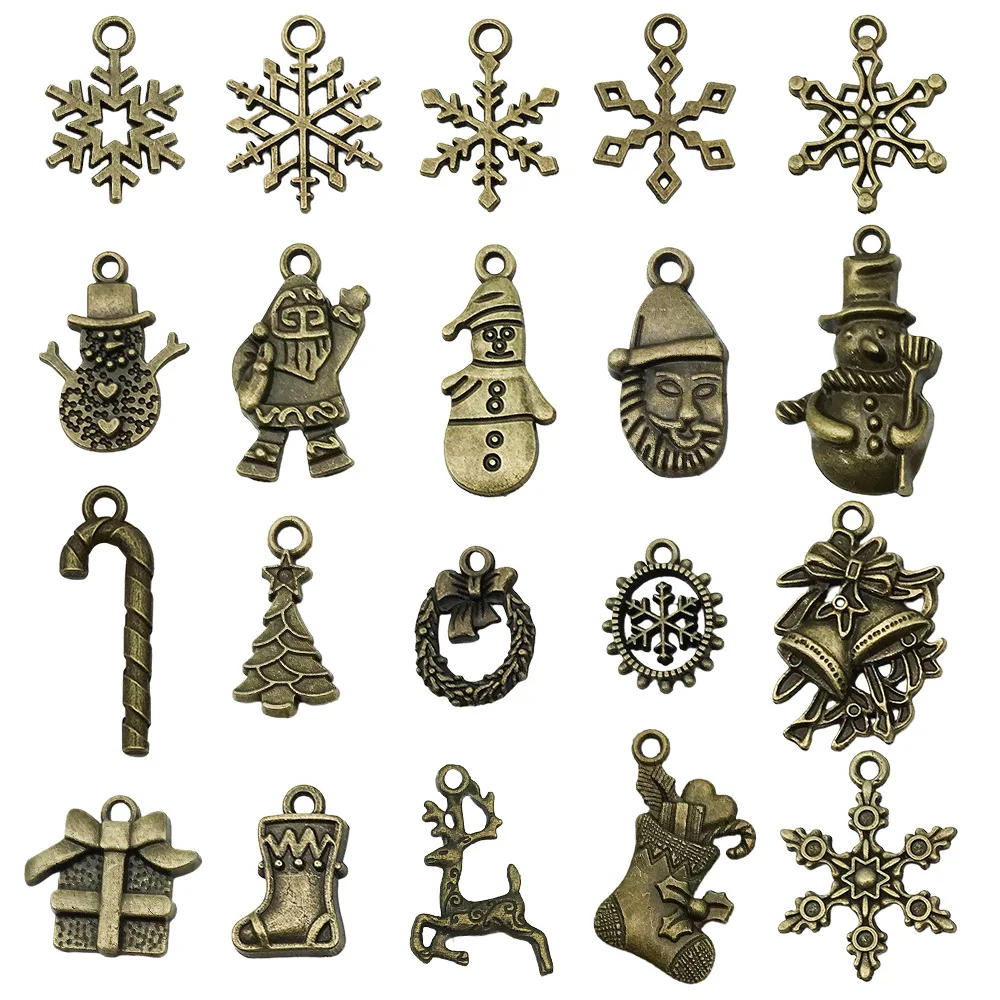 20pcs/Lot Mix Vintage Silver/Gold Color Christmas Pendants For Jewelry Making Supplies Metal Snowman Santa Claus Snowflake Charm image 6