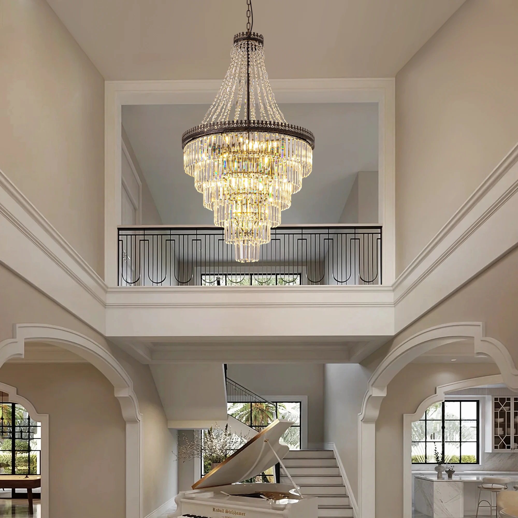 دوبلكس بناء كريستال ثريا كبيرة فيلا غرفة المعيشة ضوء فاخر طويل كريستال دوامة الدرج ثريا تركب بالسقف بريق #3