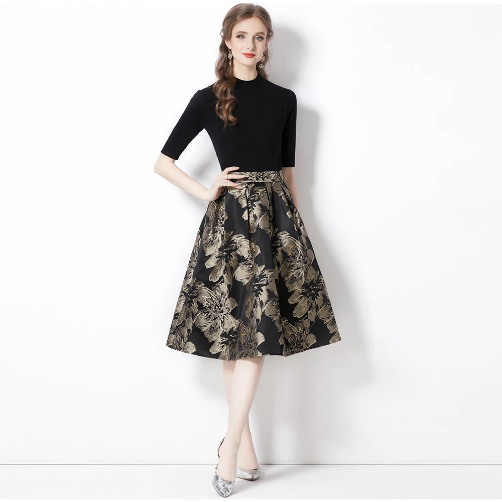 Vintage Elegant Summer 2 Pieces Skirt Sets Knitting Top + Retro Jaquard Flower Midi Skirt Sets Women Casual Faldas Mujer N2026