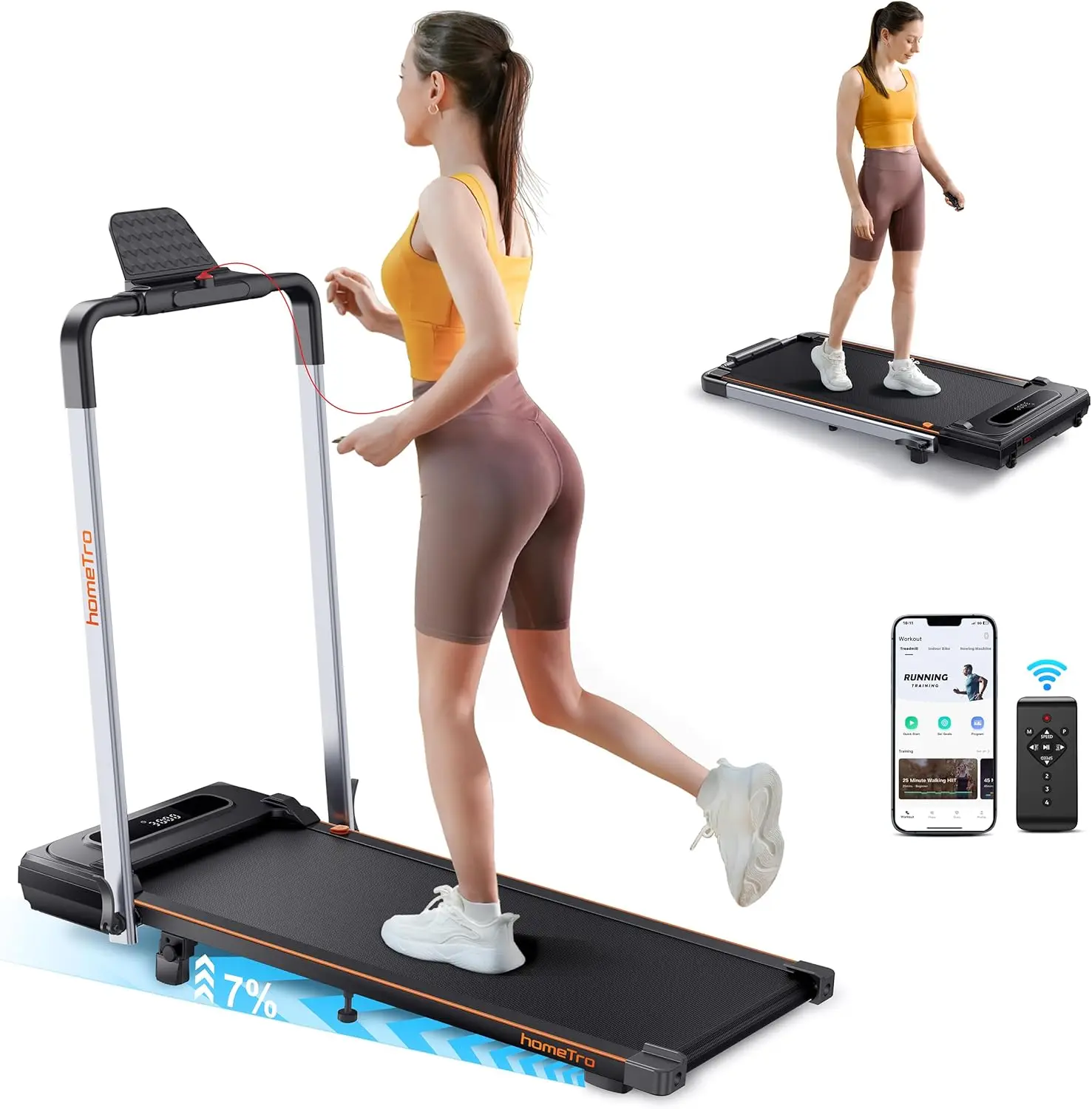 

Treadmill with 7% Incline, Portable Under Desk Folding Walking Pad 0.6-7.5mph with Handle, Remote and App, 265lbs,No As