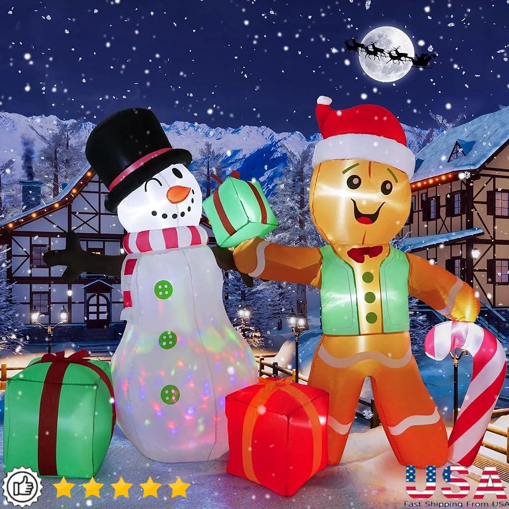 

6FT Christmas Inflatables Gingerbread Man Snowman with Rotating LED Lights Outdoor Xmas Yard Decoration Waterproof Holiday Decor