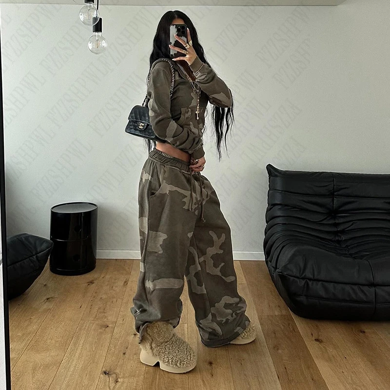 American Y2K Fashion New Harajuku Hip-hop Gothic Retro Women Camouflage Long Sleeve Streetwear Slim Coat+Casual High Street Pant