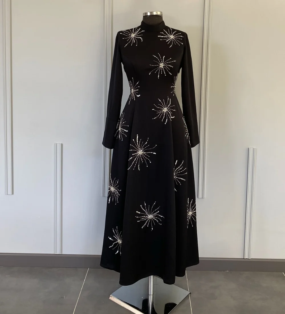 

Customized Retro Pleat Sequined Pattern A-line High Collar Long Dresses Bespoke Occasion Homecoming Formal Sparkle