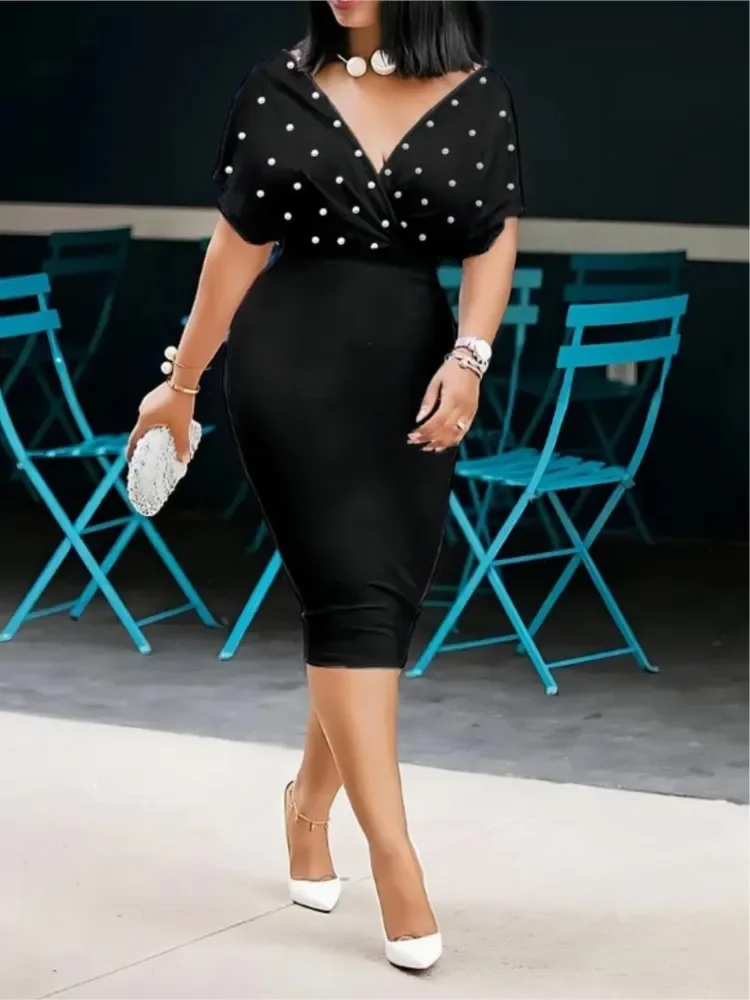 여성용 섹시 V넥 패키지 힙 우아한 드레스 봄 여름 여성 단색 슬림 오피스 미디 드레스 패션 파티 드레스