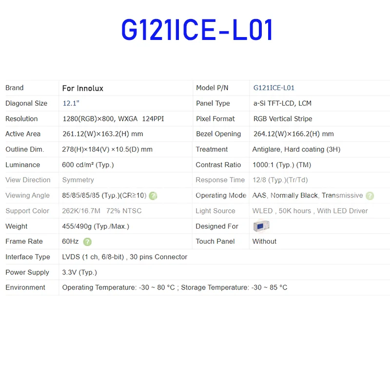 G121ICE-L01 12.1 Inch LCD Display Screen Panel Original for Innolux 30 Pins Connector Brand New Tested