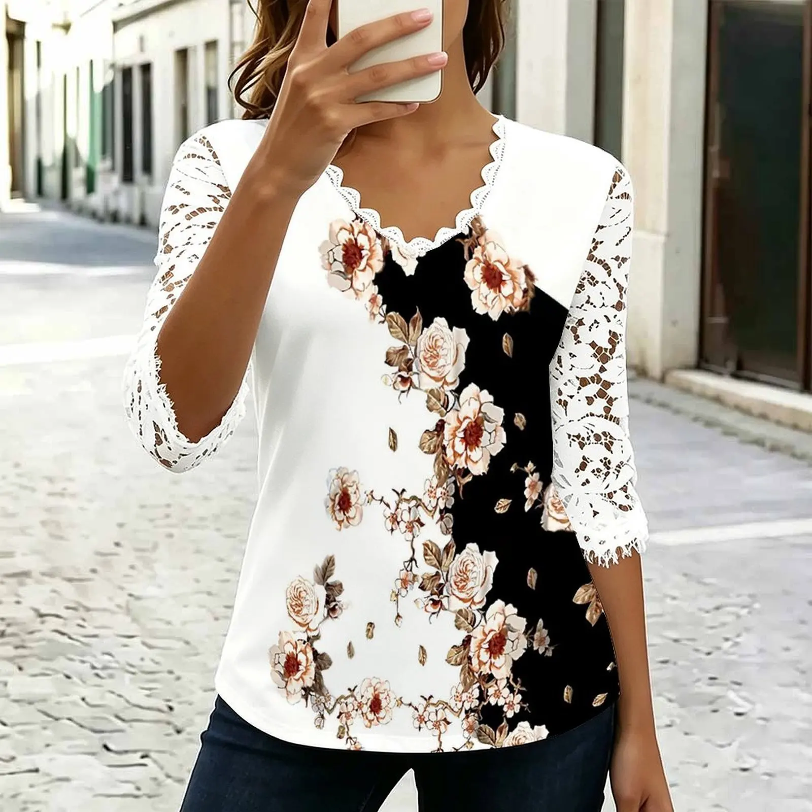 Elegant Lace Half Sleeve Fashion Retro Women's Printed Top Everyday Fashion T-Shirt