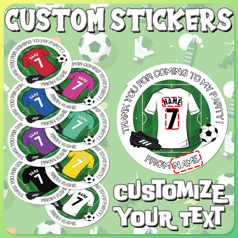25 Stück personalisierte runde Fußball-Aufkleber, Fußball-Dankeschön-Aufkleber für die Gastfreundschaft auf meiner Party, personalisierter Namensaufkleber. Sportthemenbezogen