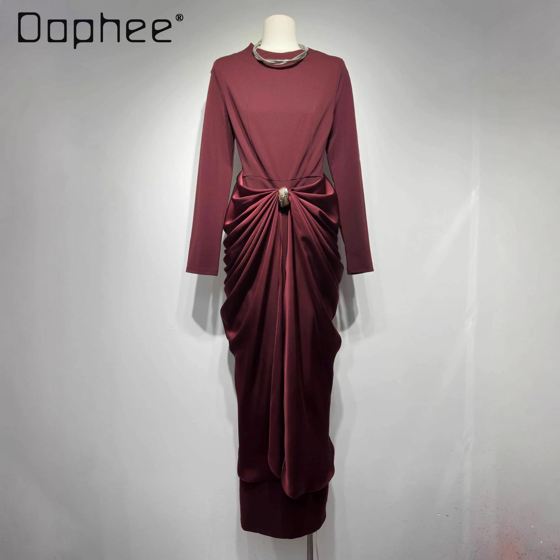 

Metal Buckle Irregular Dress Evening Dresses Luxurious Elegant Socialite Round Neck Long Sleeve Slim Fit Long Dress for Women