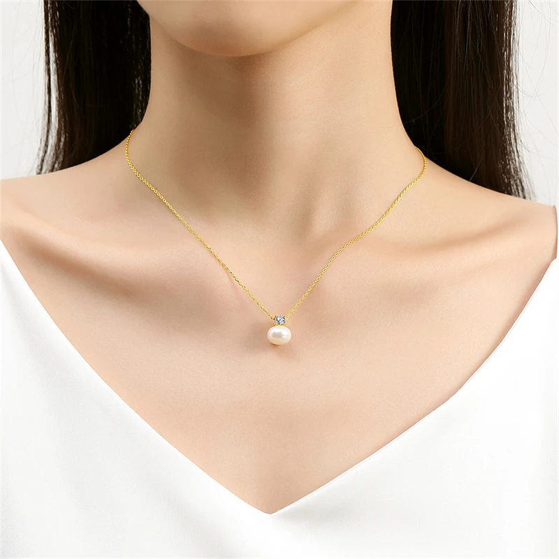 Moissanite Real 18K Yellow Gold Necklace Pendant Natural Freshwater Pearl Pure AU750 Fine Jewelry for Women Birthday Gift