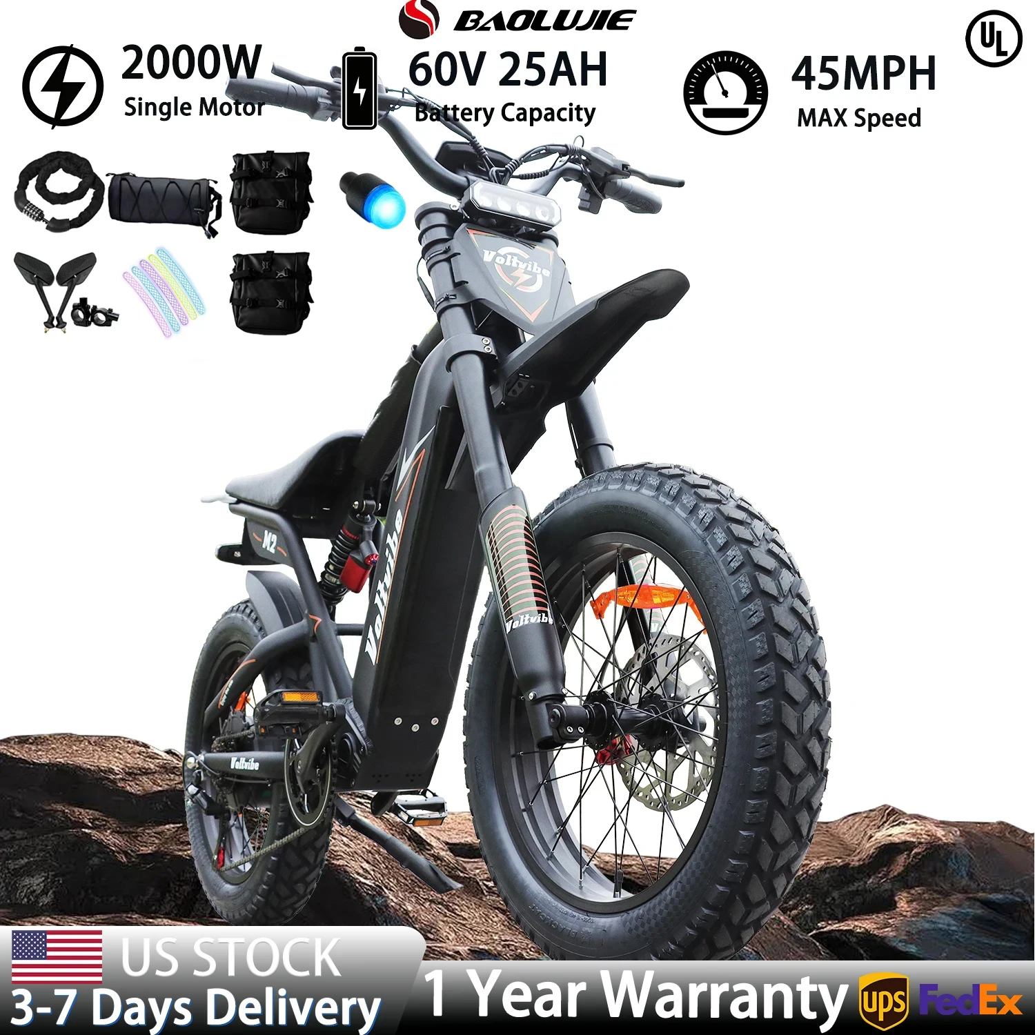 【1 año de garantía】BAOLUJIE M2 bicicleta eléctrica para adultos 2000W Motor 60V 25AH bicicleta eléctrica de montaña 20 pulgadas neumático ancho todoterreno E Bike