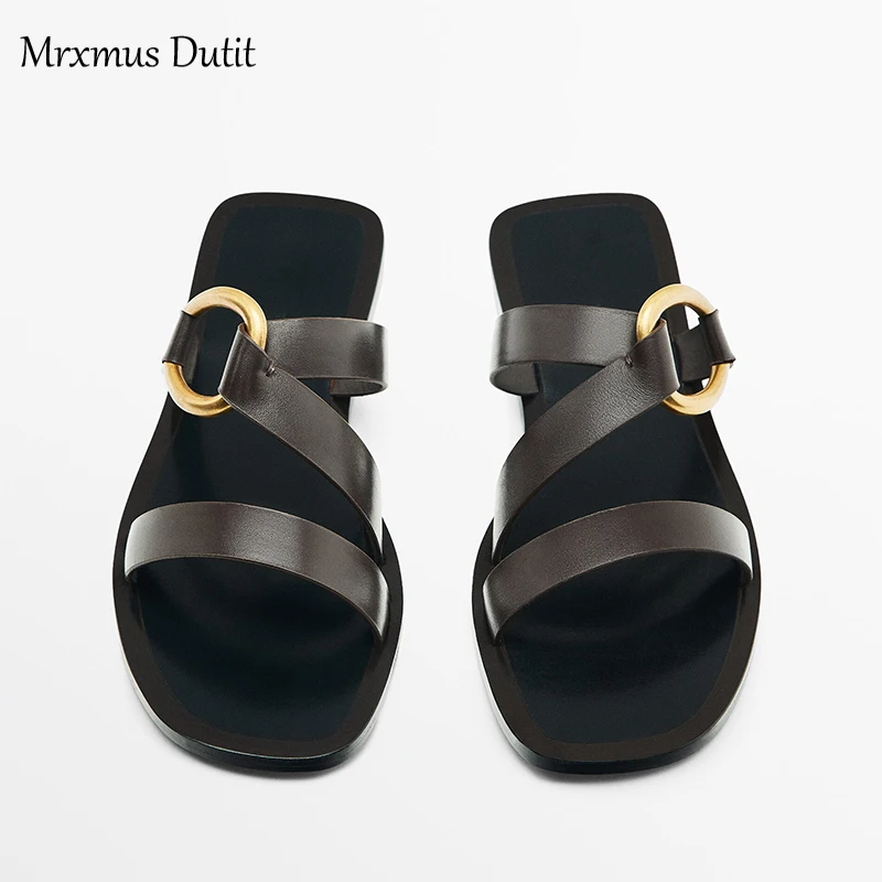 Mrxmus Dutit Metal-Ring Trim Flat Sandals 2023 New Summer Fashion Genuine Leather Women Sandals Casual Simple Beach Shoes