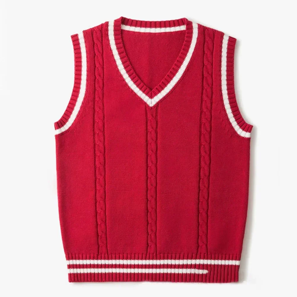 Colete sem mangas com decote em v masculino, Varsity Knit Top, camisola espessa, moda