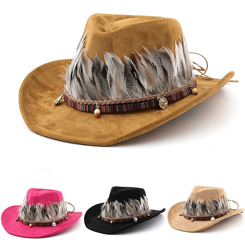 

Trendy Skull Feather cowboy Hat Men's And Women's Spring Autumn Outdoor Sunshade Hat Tourism Knight Hat Cool Western Cowboy Hat